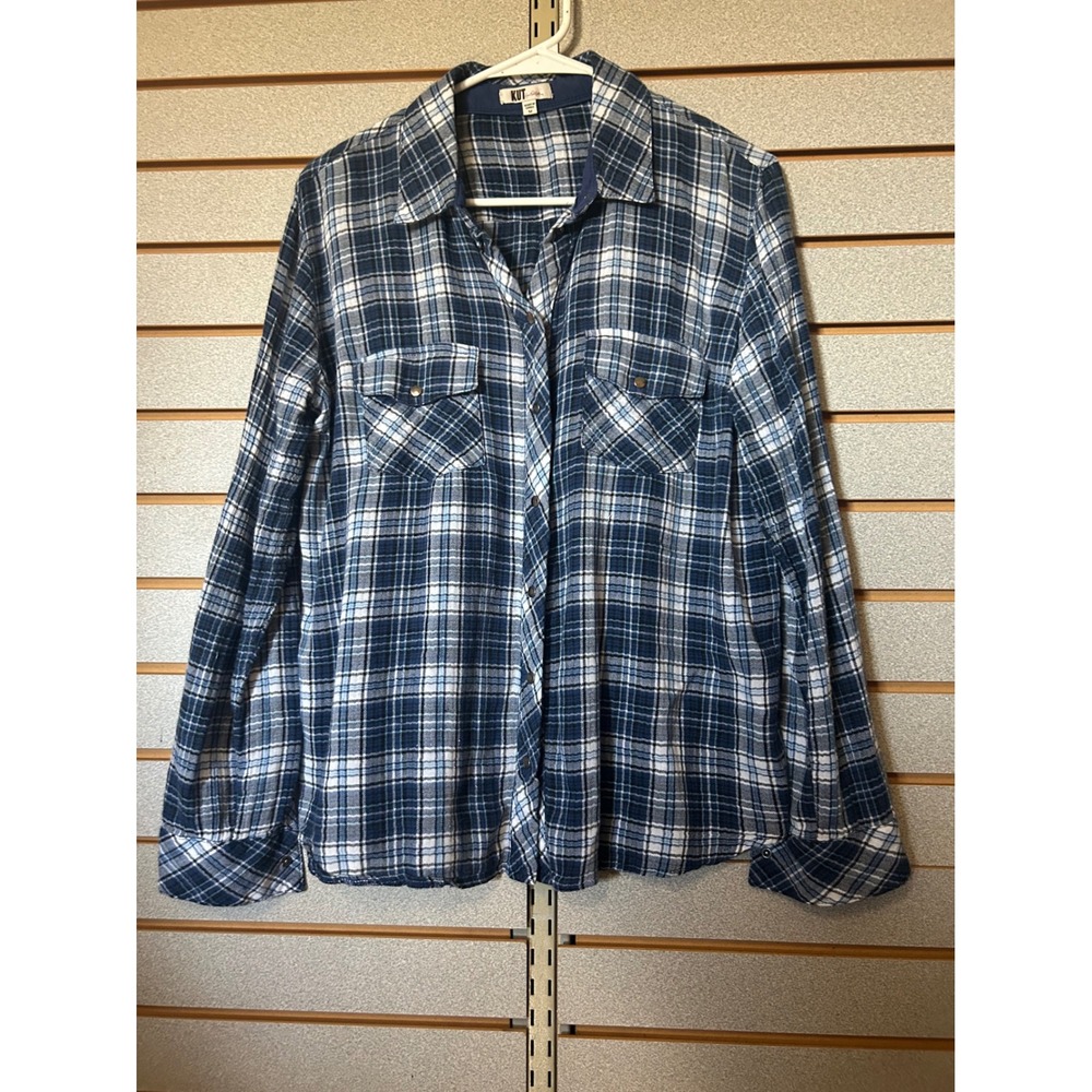 Fall KUT from the Kloth Blue White Plaid Snap Button Roll Tab Shirt Womens M